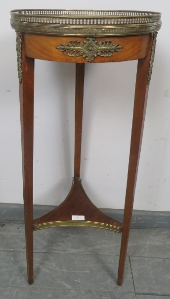 A vintage French gilt metal mounted walnut plant stand, the inset red marble top with brass
