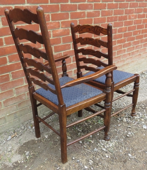 A set of six (4+2) 19th century style oak & ash Lancashire ladderback dining chairs, with drop in - Image 3 of 4