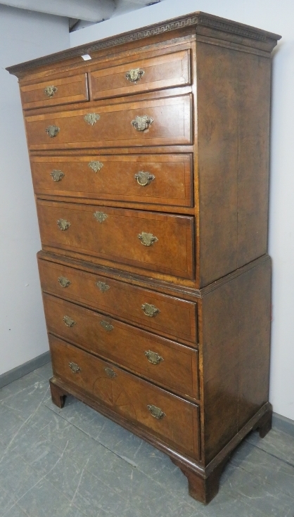 A fine George II burr walnut chest on chest, crossbanded and strung with boxwood and satinwood, also - Image 2 of 6