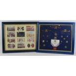 A framed collection of Royal East Kent Regiment (The Buffs) badges, insignia and sweetheart brooches