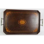 A late 19th century inlaid mahogany gallery tray with scrollate brass handles. 60cm x 40cm.