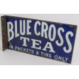 A 1950s blue cross tea enamel sign, double sided with bracket mount. 38cm x 20cm. Condition