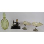 A pair of Art Nouveau silver plated shell bon bon dishes, a little betty miniature sewing machine