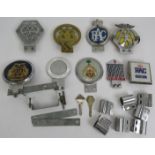 Nine vintage car badges including Rolls Royce Enthusiasts Club, Livery Company of Carmen, AA, RAC,