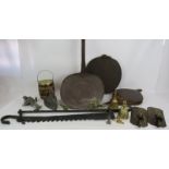 A large iron skimmer, iron skillet, pair of candle wall sconces, bellows, iron, fireplace pot hanger