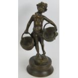 A small European bronze figure of a young girl carrying two baskets. Bearing signature S. Bizard (