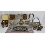A lot of mixed collectables including a Victorian beaded panel, Doulton stoneware tobacco jar, WMF