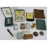 Five vintage cigarette lighters including four Ronson, a shagreen cigarette case in an Asprey pouch,