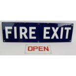 A vintage blue and white enamel fire exit sign and a similar 'Open' sign. Largest 46cm x 13cm. (