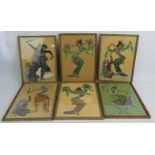 A set of five hand painted Indonesian dancer pictures on fabric plus one similar. 34cm x 25cm. (