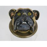 A vintage painted bronze service bell in the form of a bull dog's head. Glass eyes, hand painted.