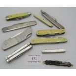 A collection of ten various pen knives to include a silver Samson Morden two bladed pen knife,