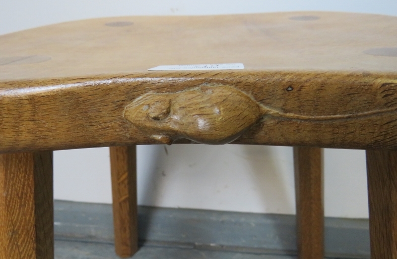 A light oak stool by Mouseman, on canted octagonal supports. Condition report: Some varnish loss - Image 3 of 3