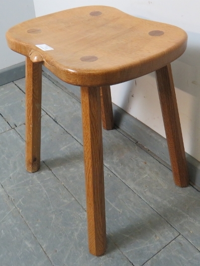 A light oak stool by Mouseman, on canted octagonal supports. Condition report: Some varnish loss - Image 2 of 3