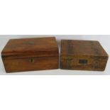 A 19th century walnut writing slope with working lock and key and a 19th century inlaid box. Largest