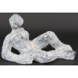 Reclining female nude sculpture by Christopher Marvel (B.1964), whitewashed ceramic. Length: 20cm.