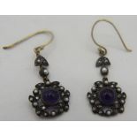 A pair of Victorian style cabochon amethyst, diamonds & seed pearl drop earrings, boxed. Amethyst