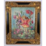 A contemporary porcelain plaque with 'Flower Fairy' decoration in ornate gilt and black frame.