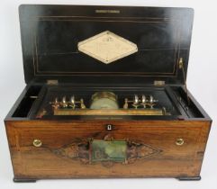 A Bremond music box, 19th century, No 37500 with six bells with bird strikers and drum, playing 8