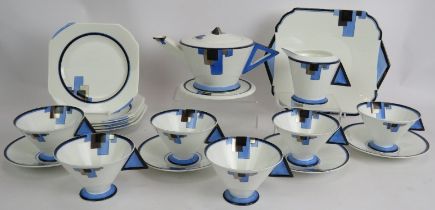 A 19 piece Shelley blue block Art Deco tea set by Eric Slater, comprising tea pot and stand, jug,