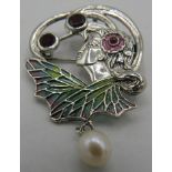 A silver Plique-a-jour flora lady combined brooch and pendant set with a suspended cultured pearl,