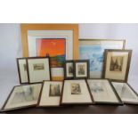 Eight early 20th century pencil signed etchings/engravings, a pair of unsigned early 20th century