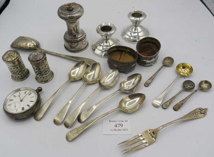 An assortment of silver to include: 5 Georgian silver teaspoons. London 1826 & 1827. A pair of