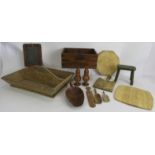 A selection of treen Kitchenalia including a pine knife tray, chipping boards, turned shakers, a
