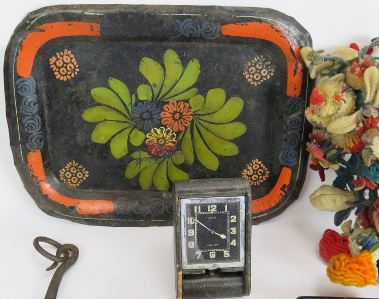 Mixed collectables including two Toleware trays, bone spoons, snuff box, door knocker, Welsh love - Bild 3 aus 6