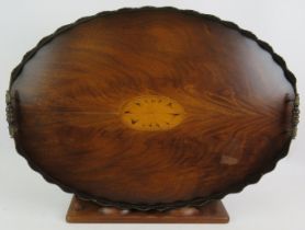 An inlaid oval Edwardian gallery tray with bespoke Mahogany stand. Tray: 65cm x 45cm. Condition