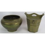 An octagonal brass Chinese tea pail tea pot with engraved decoration and an Indo Persian chased