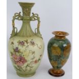 An early 20th century Royal Doulton stoneware leaf vase, height 19cm, and a hand decorated