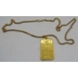 A Swiss 'Lady Fortuna' 999.9 fine gold, one troy oz, gold bar on an 18ct gold link chain and 18ct