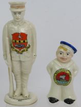A WWI period Carlton ware crested china soldier with Ashford town crest and an Arcadian crested