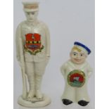 A WWI period Carlton ware crested china soldier with Ashford town crest and an Arcadian crested