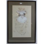 French school (1983) - 'Young lady in a bonnet', chalk acrylic and pencil, indistinctly signed,