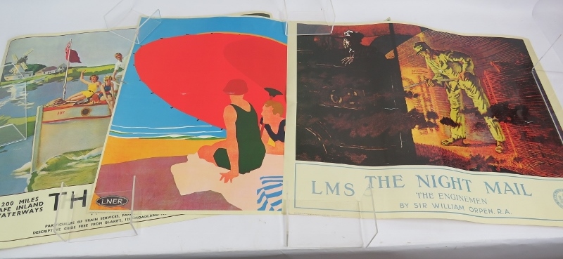 Three vintage LNER and LMS train travel poster reprints c1975, printed by Gallery Five. Each