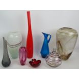 A Whitefriars spiral studio glass bottle vase and seven various pieces of studio glass, mid
