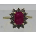 A certificated 18ct yellow gold oval cut ruby and diamond cluster ring, ruby 1.20cts. Diamonds 0.