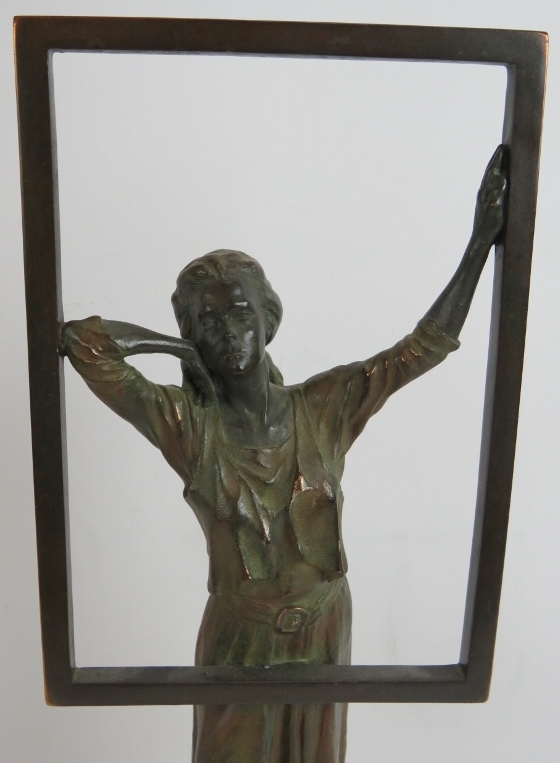 A contemporary bronzed sculpture of a woman at a window mounted on a stone plinth. Signed Miro, - Bild 2 aus 5