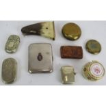 A collection of snuff boxes and vesta cases, including a horn snuff mull, Royal Corps of Signals
