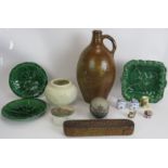 A mixed lot including a stoneware flagon, engraved emu egg, studio pottery vase, Indo-Persian pen