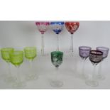 Ten mixed Bohemian glass flash cut wine glasses of varying colour and style. Tallest 20cm. (10).