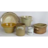 A Doulton Lambeth Stoneware dairy bowl, a Doulton salt glaze pot, a yellow glazed dairy bowl,
