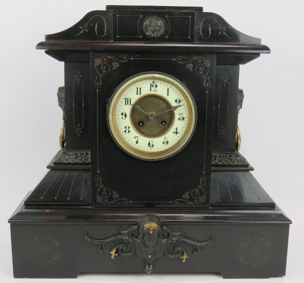 A large 19th century French slate striking mantel clock with movement by Japy Freres No 6221 411.