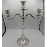 A fine solid silver three branch candelabra, Sheffield 1978, makers E.H. Approx 16" high, approx