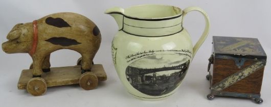 An early 19th century Sunderland Bridge pottery jug with masonic arms decoration, an aesthetic