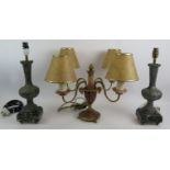 A marble and gilt brass four arm table lamp with ram's head decoration, and a pair of cast pewter