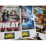 Three 20th century vinyl film posters for Percy Jackson, The Heat and The Croods, 68cm x 102cm, plus