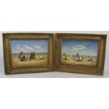 French School (Modern) - 'Edwardian beach scenes', a pair, oils on panel, 30cm x 40cm, framed.